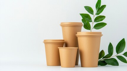 Fototapeta premium Brown Eco-Friendly Containers with Green Leaves on White Background