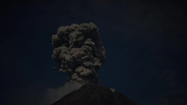 Volcanic lightning in ash clouds during eruption from of Colima volcano in Mexico.