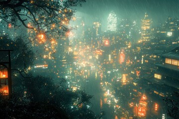Obraz premium Neon-lit cityscape futuristic urban environment high fidelity imagery cyberpunk aesthetic nighttime view digital art exploration