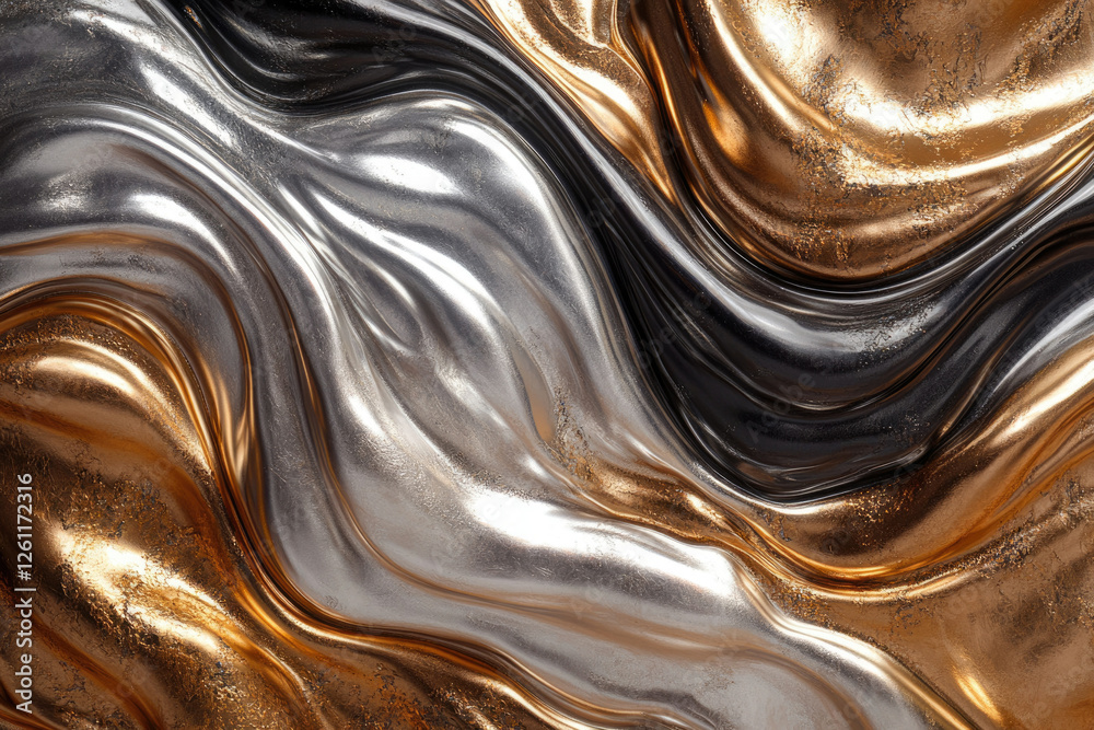 Poster abstract image of swirling gold, silver, and black metallic textures creating a luxurious and elegan