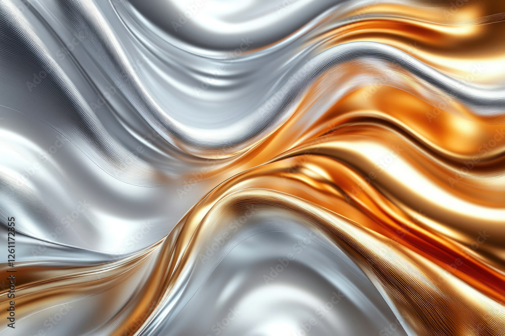 Poster abstract swirling metallic textures of silver and gold, creating a luxurious and elegant design.