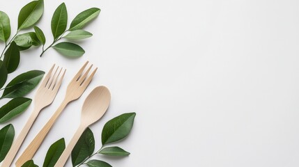 Wooden Cutlery and Green Leaves on White Background for Nature Theme