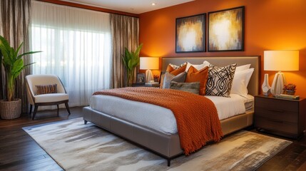 Sophisticated bedroom design with warm tones and artistic accents featuring orange