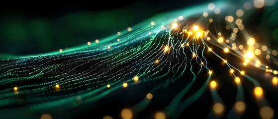 Glowing turquoise and golden light streams flow in parallel lines creating futuristic network visualization effect against dark background with bokeh elements.