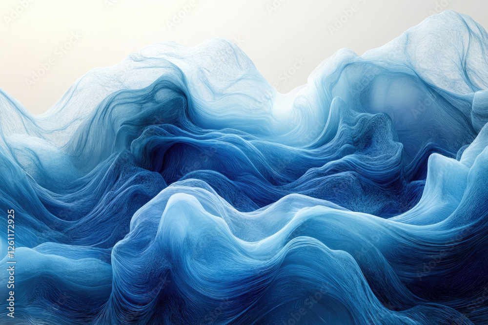 Poster abstract blue waves, flowing lines create a mesmerizing, ethereal, and calming landscape.