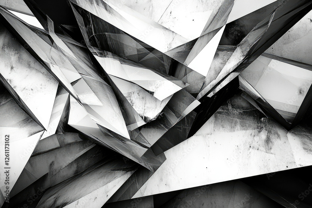 Poster Abstract grayscale image featuring a chaotic arrangement of fragmented geometric shapes, creating a dynamic and edgy composition.