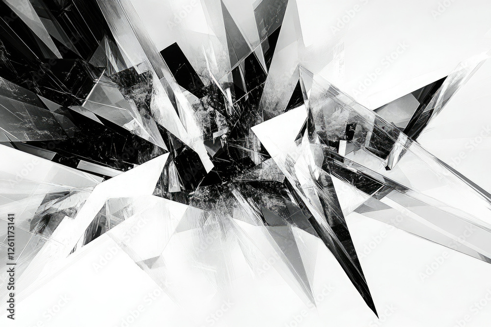 Aufkleber Abstract grayscale artwork featuring fragmented, sharp geometric shapes creating a chaotic yet visually striking composition.