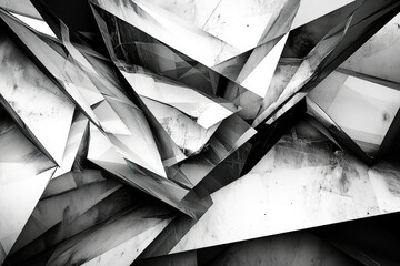 Abstract grayscale image featuring a chaotic arrangement of fragmented geometric shapes, creating a dynamic and edgy composition.