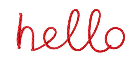 Creative design of the word Hello made of red rope, isolated on transparent background. Perfect for grabbing attention and creating a unique visual effect.