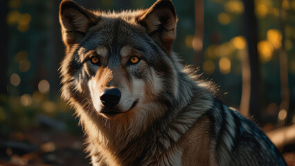 Close Up Portrait Of A Majestic Wolf With Piercing Amber Eyes In Natural Forest Background During Golden Hour