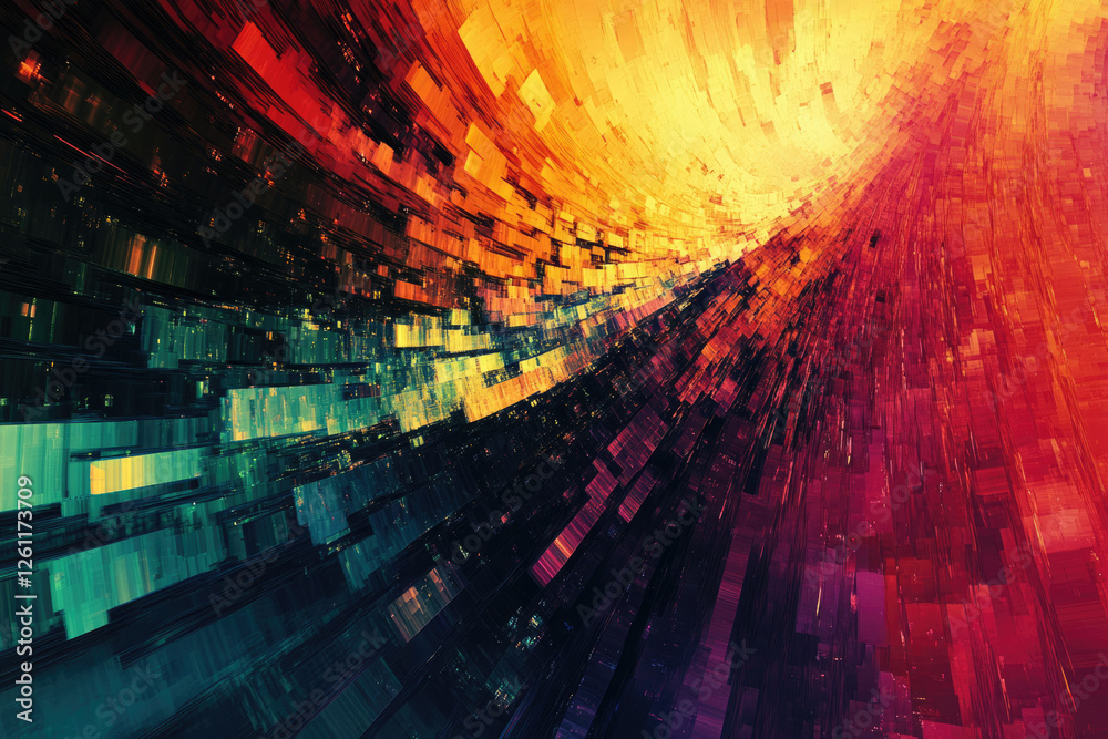 Aufkleber Abstract digital art depicting a vibrant, swirling vortex of colorful blocks and lines, creating a sense of depth and movement.