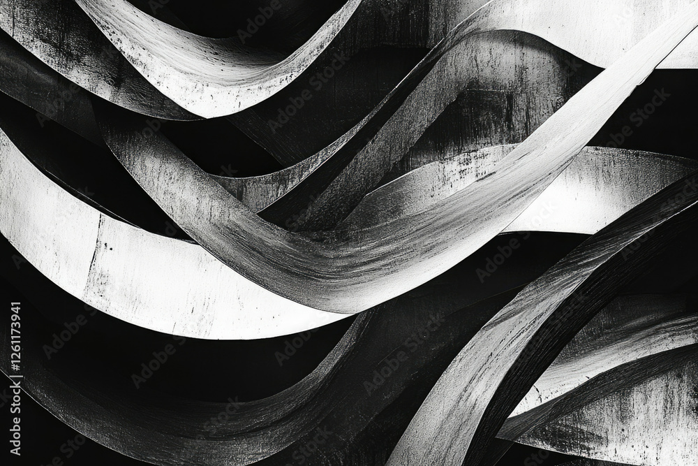 Poster abstract grayscale artwork featuring dynamic, interwoven curves and brushstrokes creating a sense of