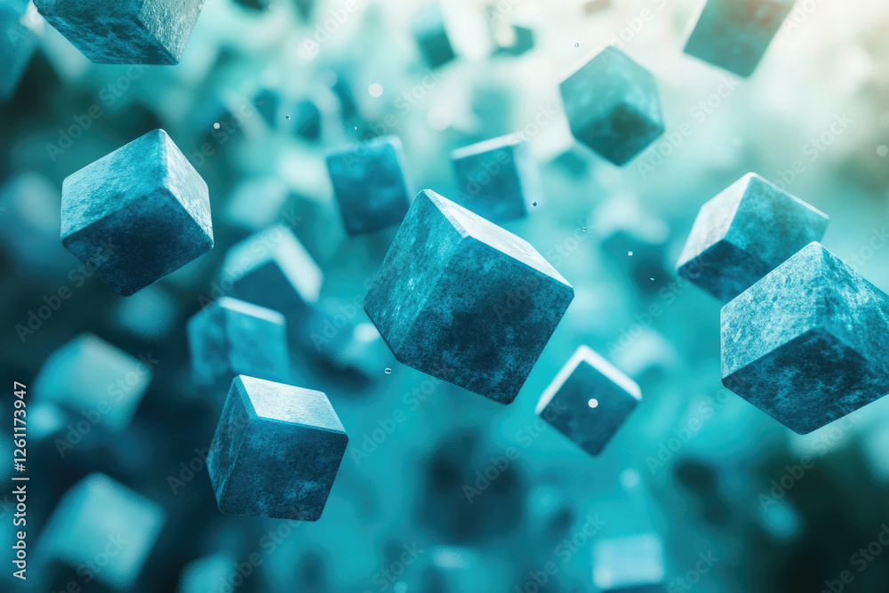 Poster Abstract 3D rendering of numerous teal cubes floating in a hazy blue background.