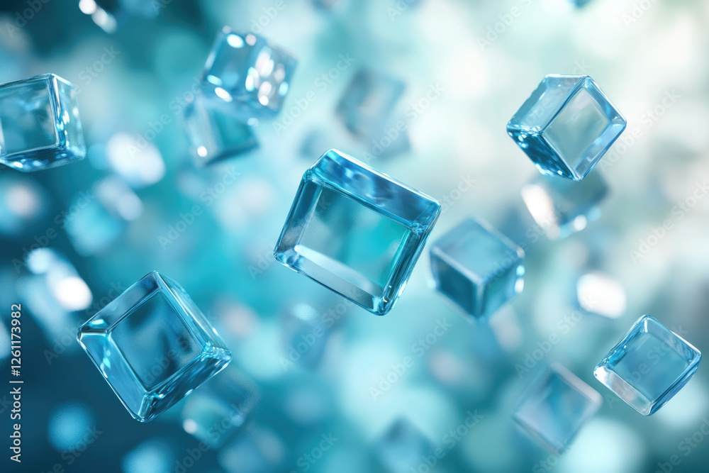 Poster floating translucent blue cubes, a mesmerizing visual of abstract shapes and light.
