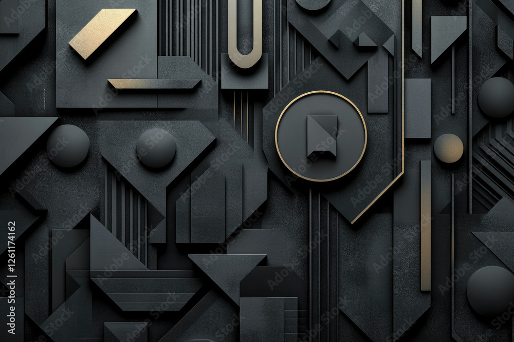 Poster abstract dark geometric pattern with gold accents, featuring various shapes and textures.