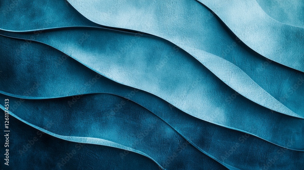 Poster soft undulating lines in varying shades of blue create an abstract background that evokes feelings o
