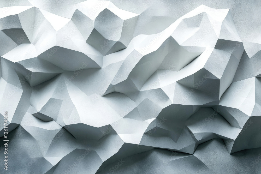Poster abstract 3d rendering of a textured, white, low-polygonal surface resembling a mountainous landscape