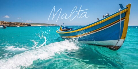 Traditional Maltese fishing boat in turquoise Mediterranean waters for travel blogs, tourism websites, maritime heritage promotions, and Mediterranean culture presentations