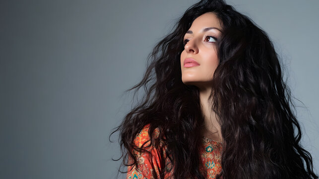 Woman with long, wavy dark hair, looking upward. Her expression is thoughtful and serene, set against a neutral background.