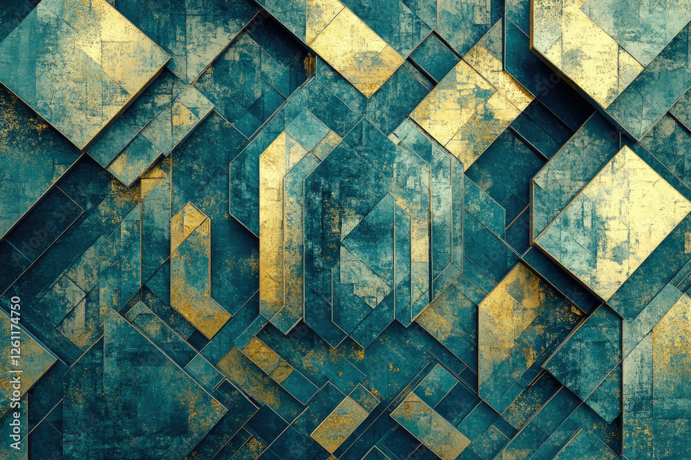 Poster abstract geometric teal and gold textured background with intersecting shapes and metallic accents.