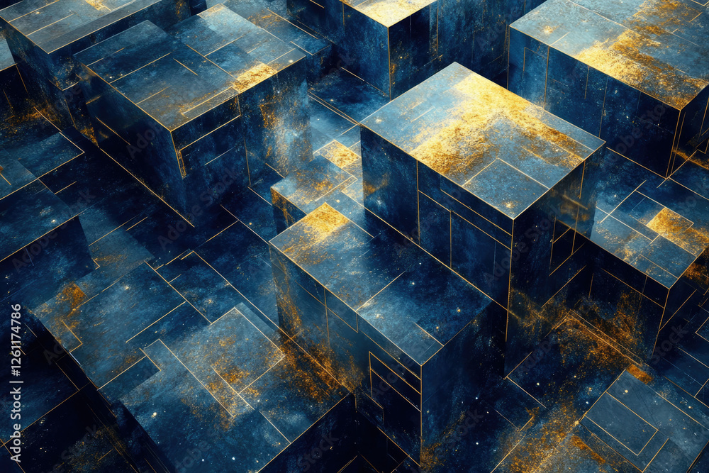 Poster Abstract 3D rendering of interconnected blue and gold cubes, creating a futuristic or technological aesthetic.
