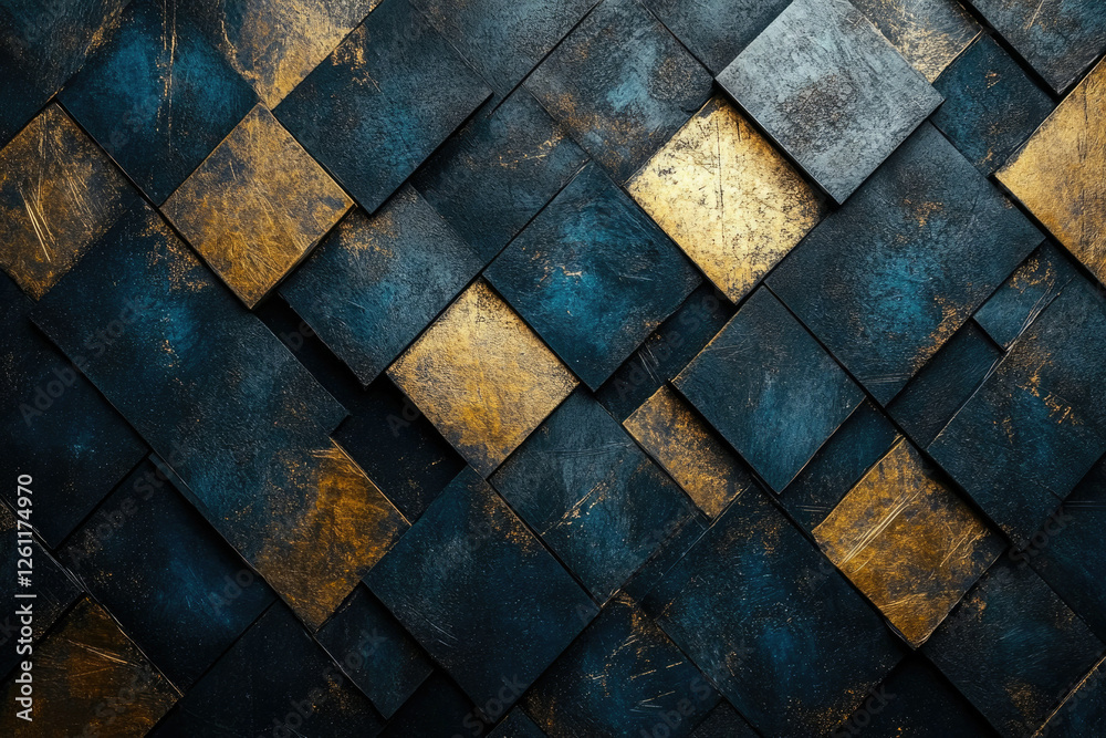 Poster Abstract background of overlapping dark blue and gold squares with a textured surface.