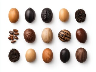 Variety of Decorative Natural Nuts and Seeds on White Background