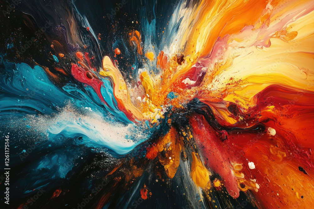 Poster a vibrant explosion of color in an abstract painting, showcasing dynamic brushstrokes and a mix of w