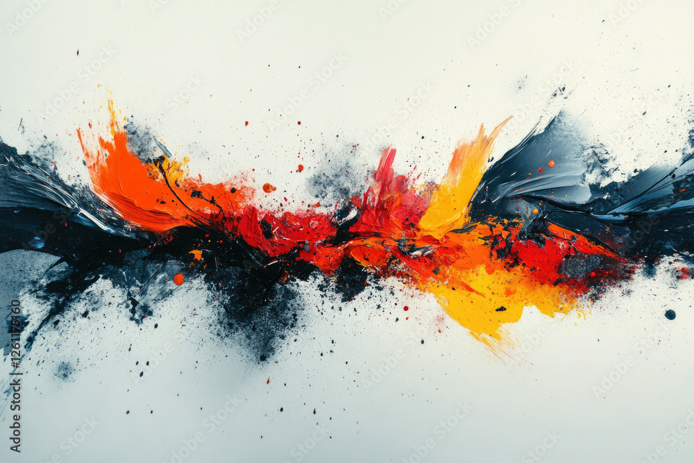 Poster abstract art painting with vibrant orange, red, and black hues creating a dynamic and energetic comp