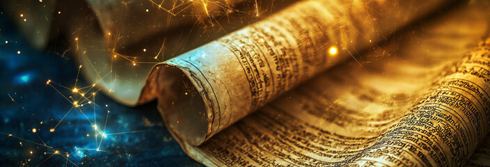 photo of ancient scrolls or texts interwoven with the threads of humanity, hinting at the prophecies foretelling the birth of the Messiah.
