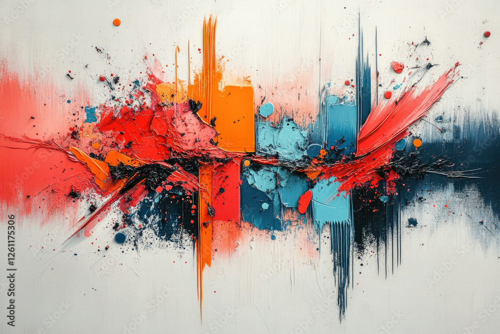 Poster abstract painting with vibrant red, orange, blue, and black strokes, creating a dynamic and expressi