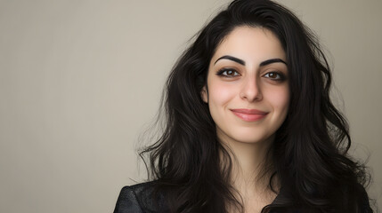 Naklejka premium Portrait of a woman with dark hair and brown eyes, exuding confidence and professionalism against a simple background. Her smile is warm and inviting.
