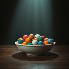Colorful Balls in a Bowl, placed on a Wooden Table, with Black Background