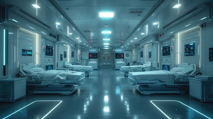 Futuristic hospital ward with empty beds, digital screens, and sleek design.