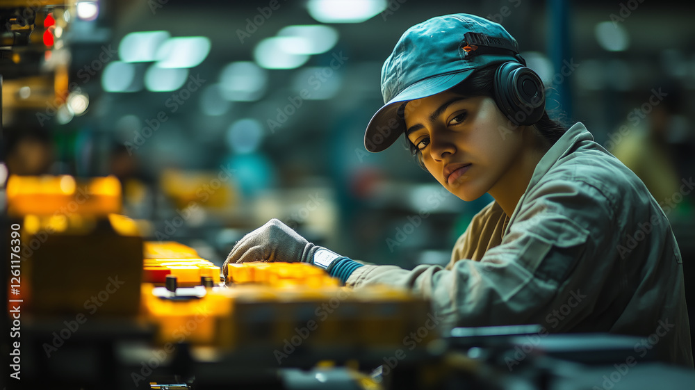 Poster Dedicated factory worker in assembles products with high precision