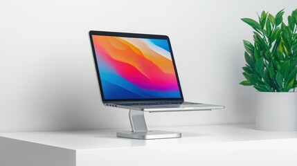 Fototapeta premium Modern Workspace with Laptop and Plant on Minimalist Desk Surface