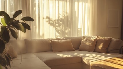 Cozy home interior with sunlit sofa and sheer curtains atmosphere