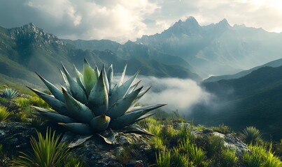 Agave plant in the foreground with misty mountain range in the background a landscape