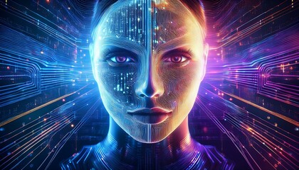A futuristic digital concept where binary code, AI neural networks merge into female face 