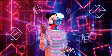 Girl looking around at geometric shape floating in metaverse. Happy teenager or gamer using VR...