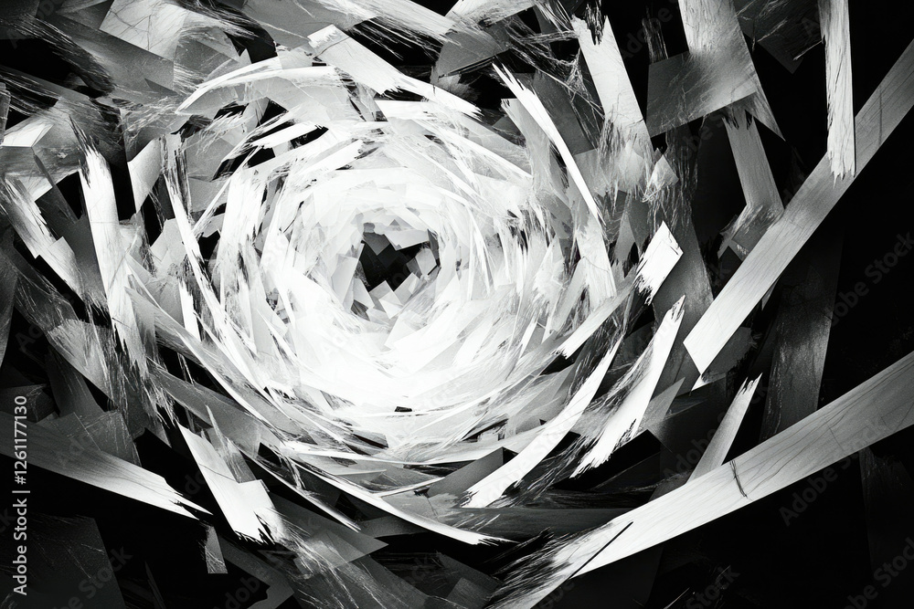Poster abstract grayscale artwork depicting a vortex of fragmented, brushstroke-like shapes converging towa