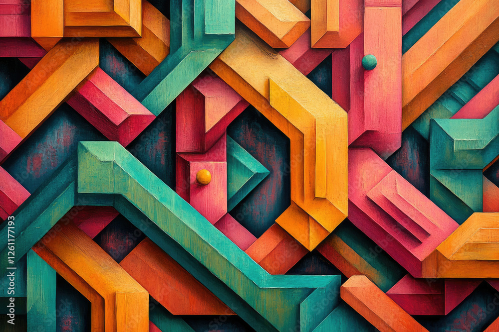Aufkleber Abstract geometric artwork featuring intersecting colorful blocks creating a complex, layered pattern.
