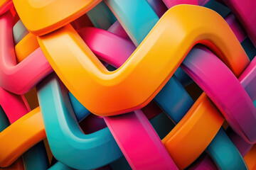 Abstract 3D rendering of interwoven vibrant orange, pink, and teal curved shapes.