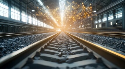 Obraz premium Railway Tracks with Light and Connection Nodes in Industrial Facility