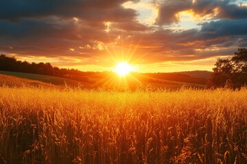 Fototapeta premium Sunset over golden wheat field, rolling hills