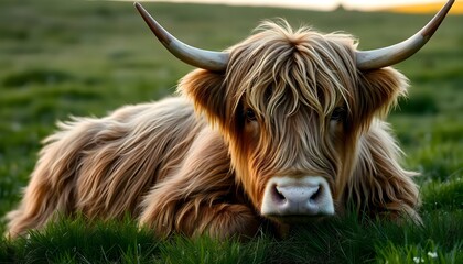 a long haired cow laying in the grass