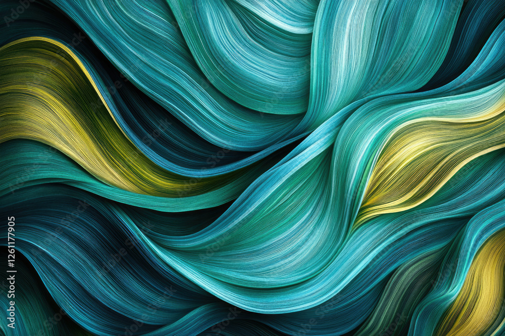 Poster Abstract art depicting flowing, teal and gold waves, creating a mesmerizing visual texture.