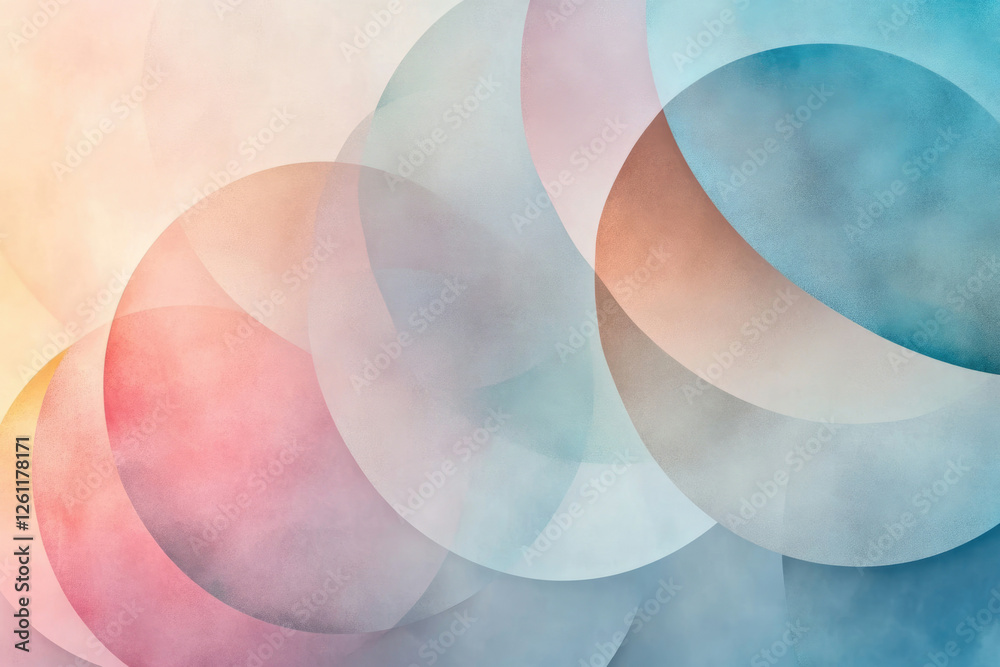 Poster abstract art featuring overlapping pastel circles in soft hues of pink, blue, and peach, creating a 