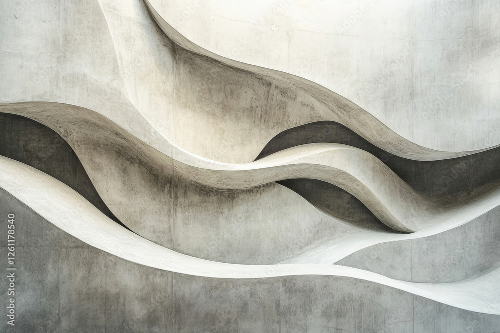 Poster abstract concrete wall with flowing, wavy curves, creating a modern architectural design.