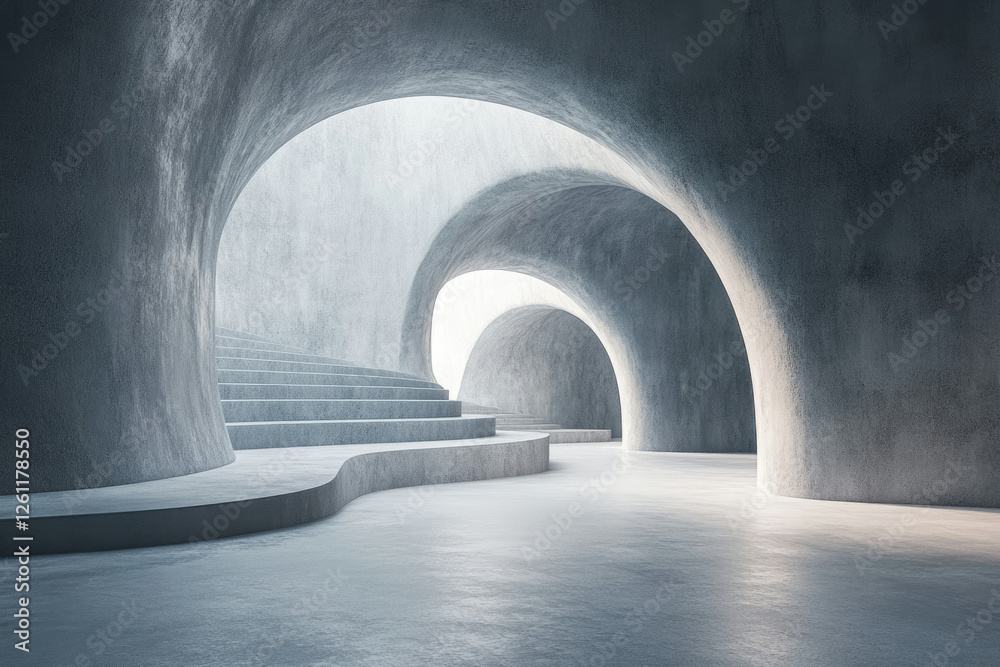 Poster Abstract concrete architecture with curved walls, stairs, and soft lighting creating a futuristic and minimalist interior space.